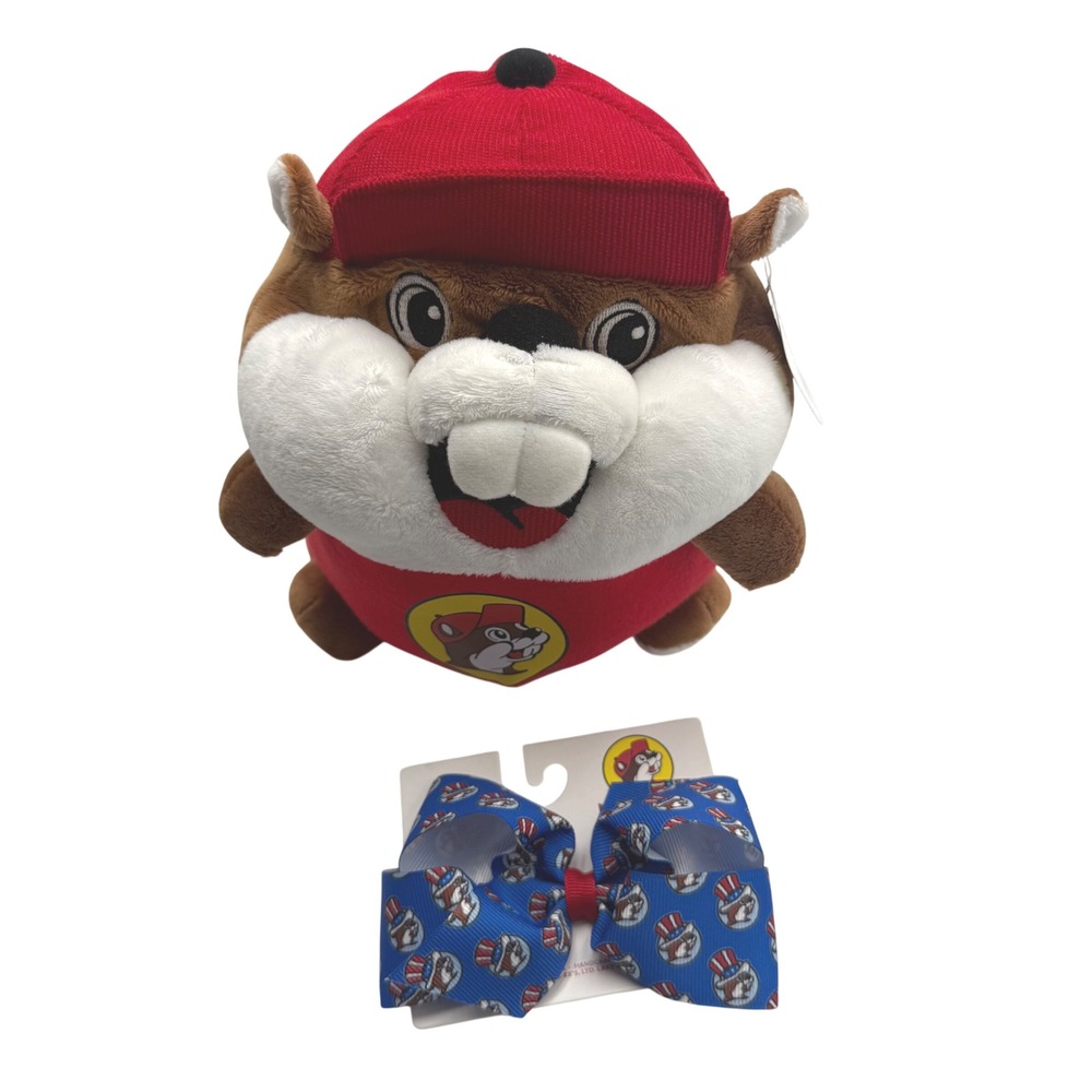 Buc-ee's Beaver Plush Stuffed Animal NWT + Blue Patriotic Hair Bow Set